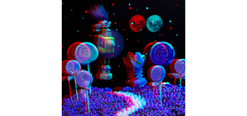 A stereo photo of a night world made of blue candy with a blue troll flying a candy dispenser airplane.