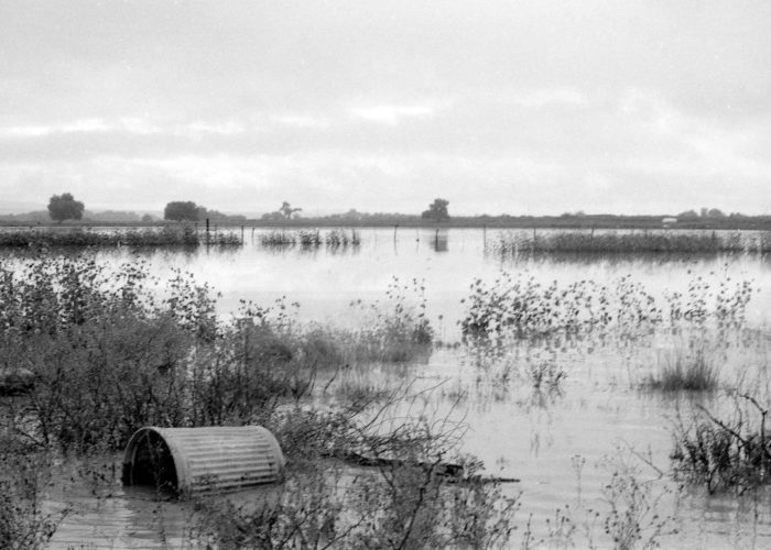 Fields under water Farmland covered in floodwaters with debris in foreground