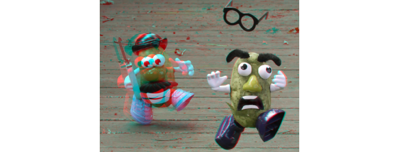 A stereo image of two potatoes decorated with Mr. Potato Head faces. The potato in back is chasing the one in front with a paring tool. The one in back is smiling, the one in front is terrified and its glasses are flying off its head.