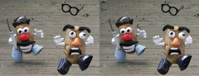 A stereo image of two potatoes decorated with Mr. Potato Head faces. The potato in back is chasing the one in front with a paring tool. The one in back is smiling, the one in front is terrified and its glasses are flying off its head.