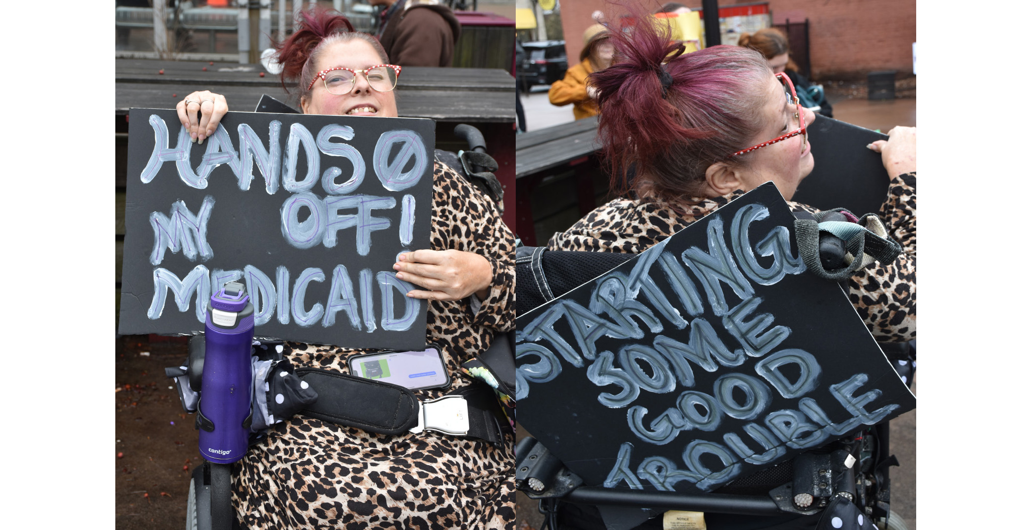 wheelchair On left is image of a woman in a wheelchair holding a sign that says "Hands Off My Medicaid" On the right is another image of the same woman from the back. On the back of her chair is a sign that says "Starting Some Good Trouble."
